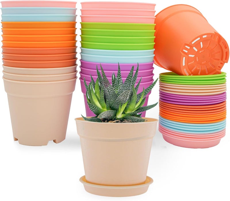 SwinDuck 4 inch Plant Pots, 28 Pack Small Plastic Planters with Drainage Holes and Saucers for Flowers Plants, Succulents, Seed Starting Pots, Colorful - Image 1